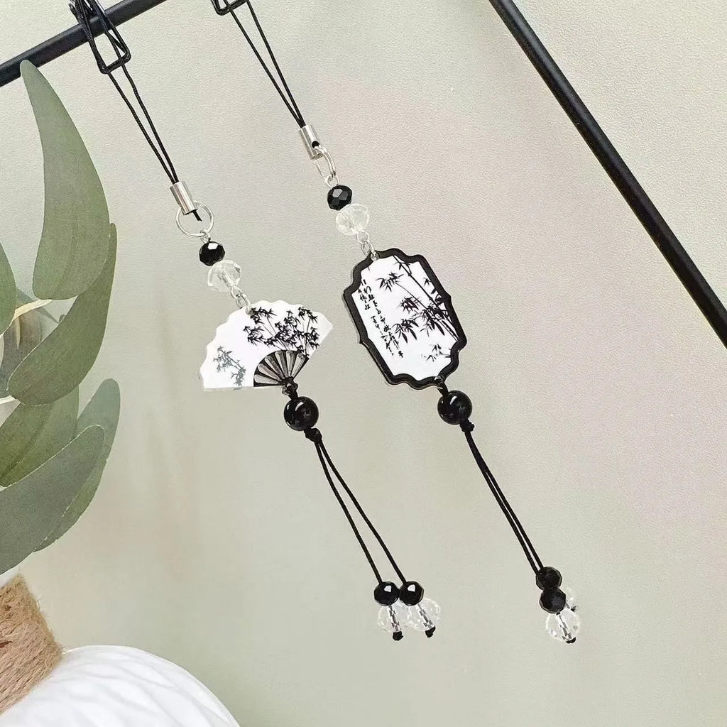 Guofeng Chinese style floral bead pendant keychain for girls' schoolbags in Fan colour.