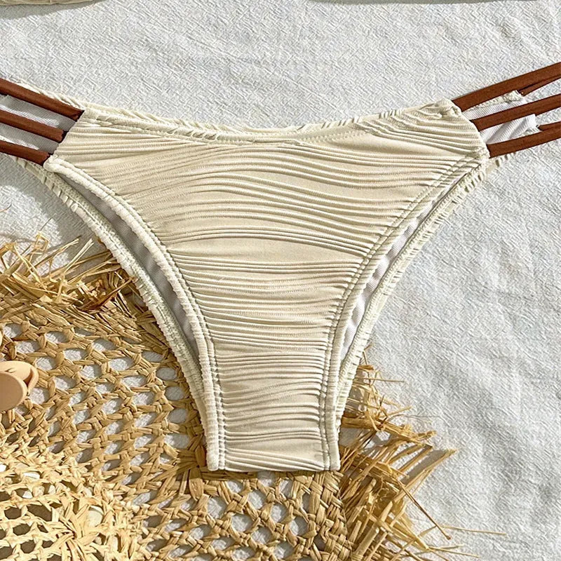 Women's polyester three-point bikini set in striped pattern, khaki and white colours, front view