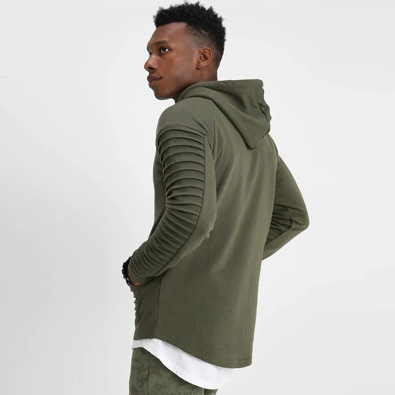 Men's long sleeve pleated stripes hoodie in Odell polyester fabric, black colour, front view