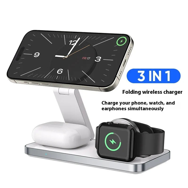 4-in-1 magnetic wireless charger in black or white metal or plastic, 150 x 75 x 29.6mm, with USB-C input and 15W phone output