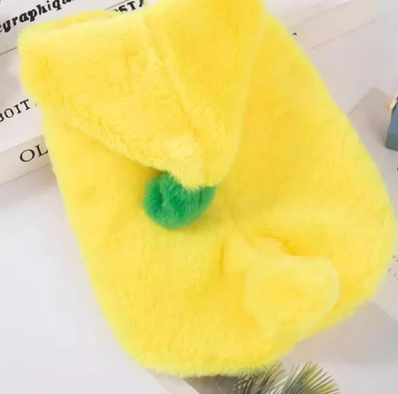 Yellow funny banana dog costume made from polyester for autumn and winter pet clothing, available in sizes S M L XL