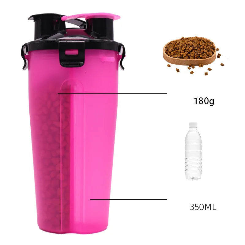Portable 2-in-1 pet water and food cup showing water reservoir and food compartment