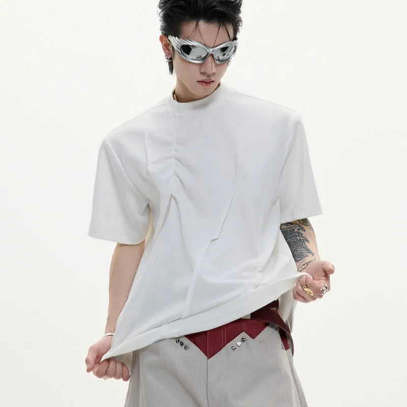 Men's loose grey cotton t-shirt with three-dimensional pleated detail and asymmetric styling