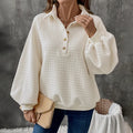 Women's milky white beige polo collar sweater with long sleeves, made from thickened polyester.