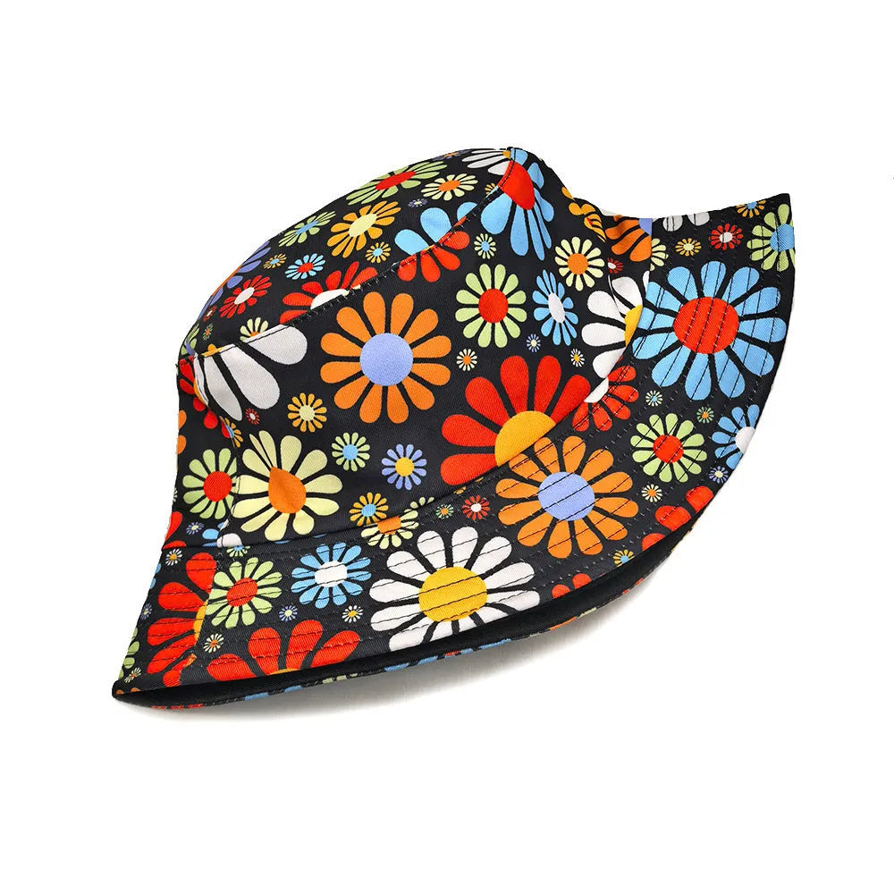 Colourful floral print polyester bucket sun hat with a dome crown, size M.