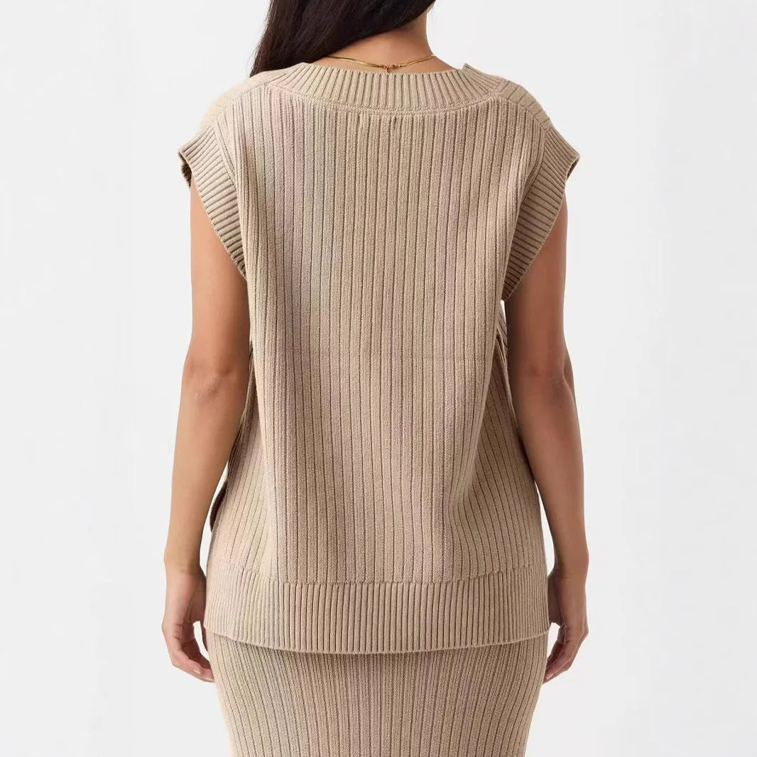 Camel coloured V-neck sleeveless loose pullover vest with folding elements