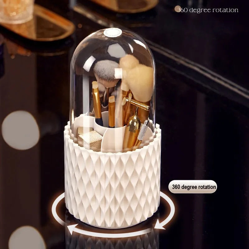 White rotating transparent acrylic makeup brush storage box with dustproof lid on desktop