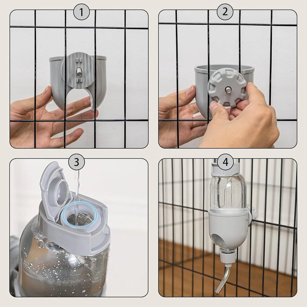 Blue small animal water bottle with rotating nozzle mounted on cage bars