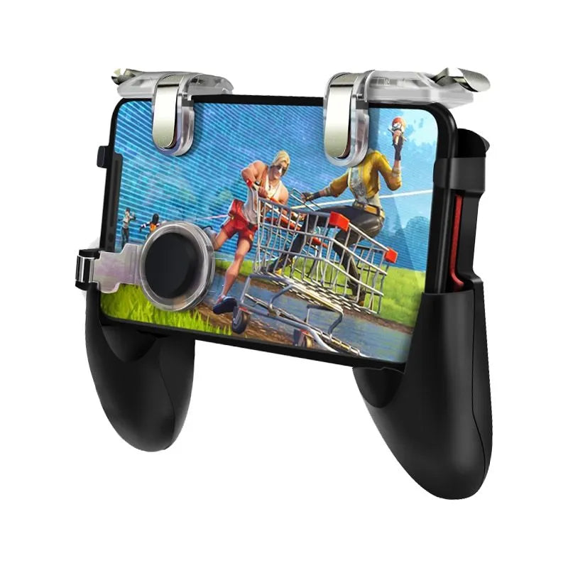 Black wired mobile gaming controller plugged into iPhone with physical buttons and directional pad