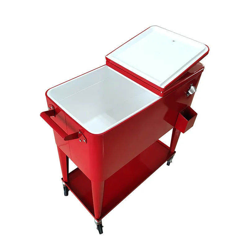 Red outdoor metal insulated trolley cooler box with 750ml capacity