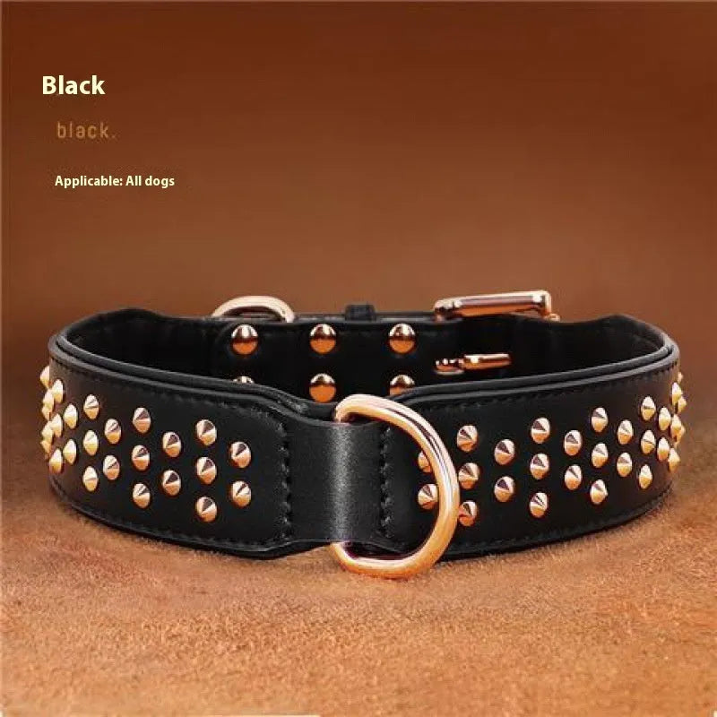 Leather dog collar with metal rivets in chocolate colour, shown alongside pink and black options.