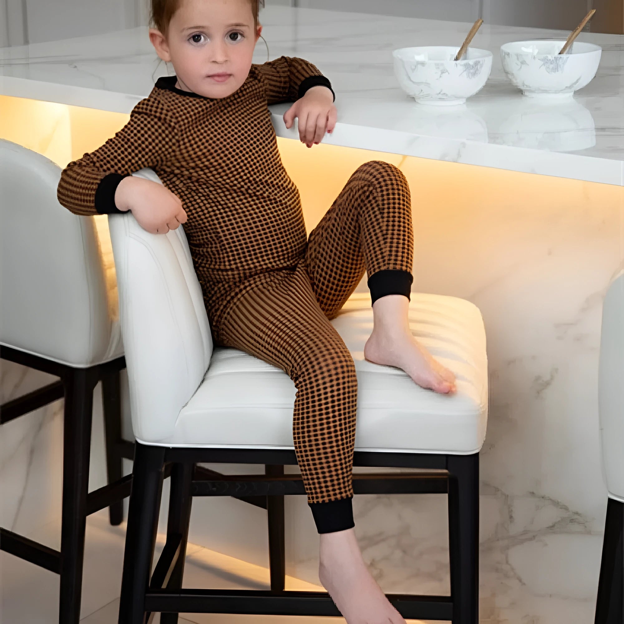 Kids gingham robe and pajamas romper set in black and tan polyester for children
