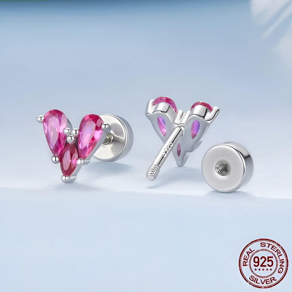 Rose red heart shaped 925 silver small ear studs for women on white background