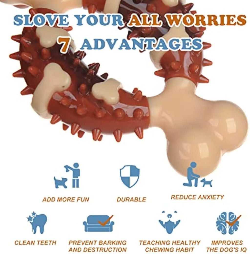 Natural rubber bone-shaped dog chew toy for teeth cleaning shown in two sizes.