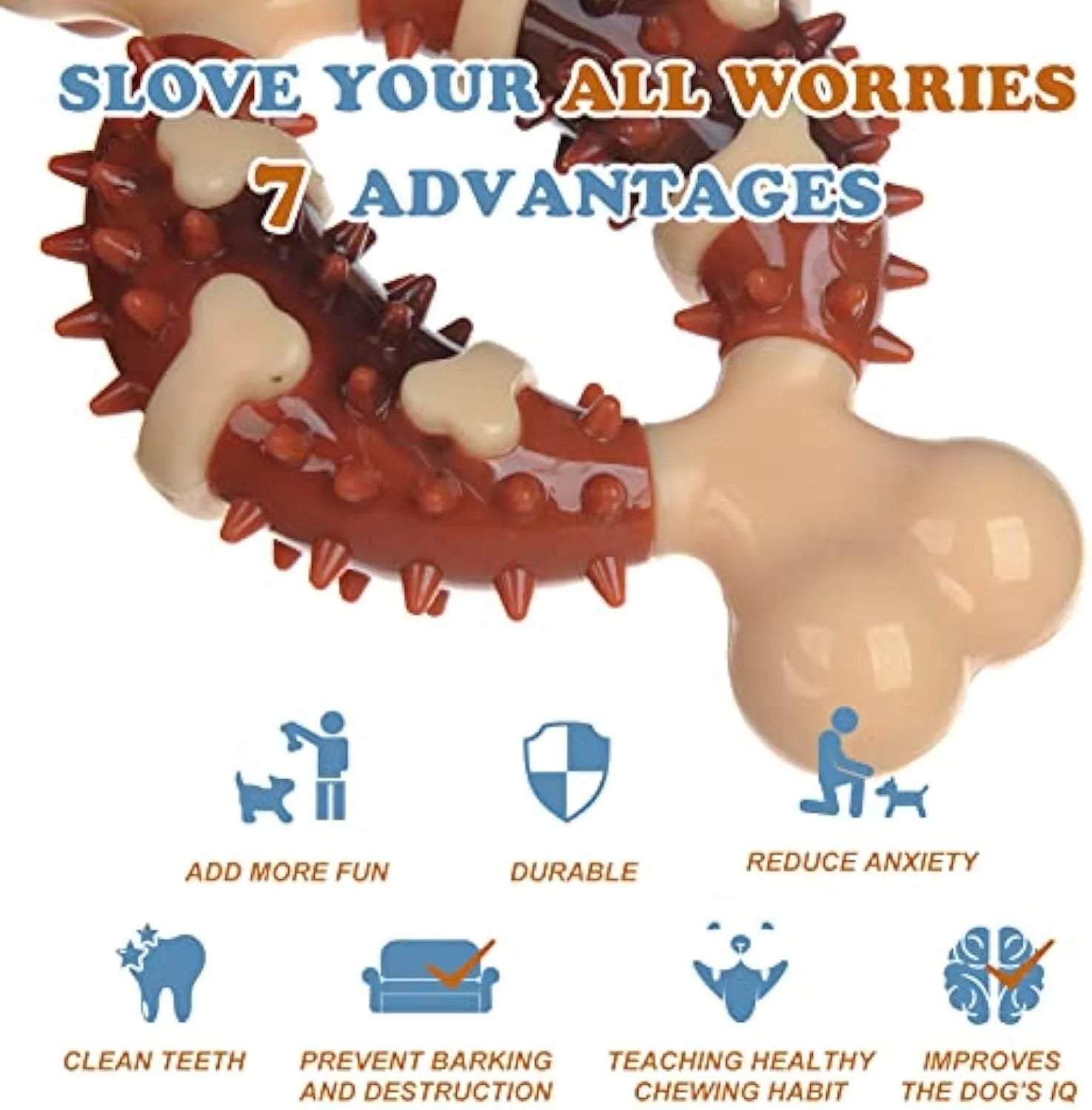 Natural rubber bone-shaped dog chew toy for teeth cleaning shown in two sizes.