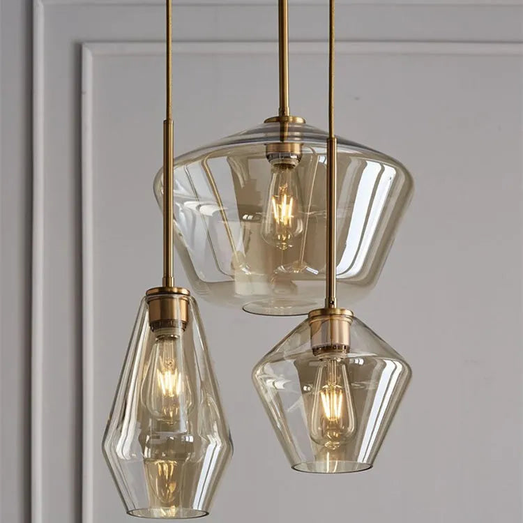 Nordic minimalist glass single head small chandelier in cognac with gold hardware iron frame