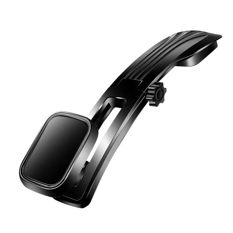 Black car centre console magnetic suction cup phone holder with slide rail and automatic lock mounted on dashboard