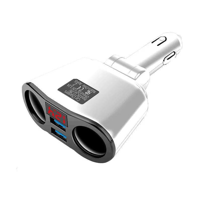 Car Bluetooth FM transmitter with USB charging port plugged into a vehicle cigarette lighter socket