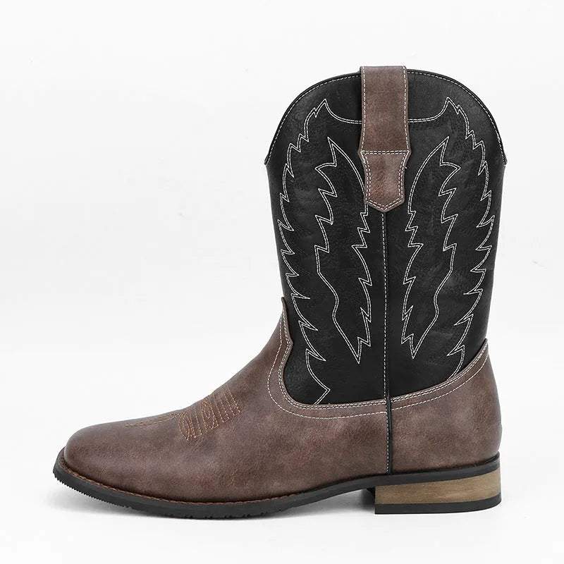 Men's black square toe western motorcycle boots with a low wedge heel and mid-calf height.