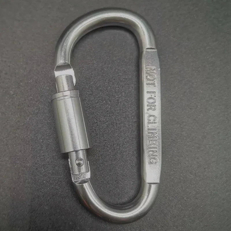 Aluminium D-type carabiner with lock in multiple colour options showing 8cm flat design