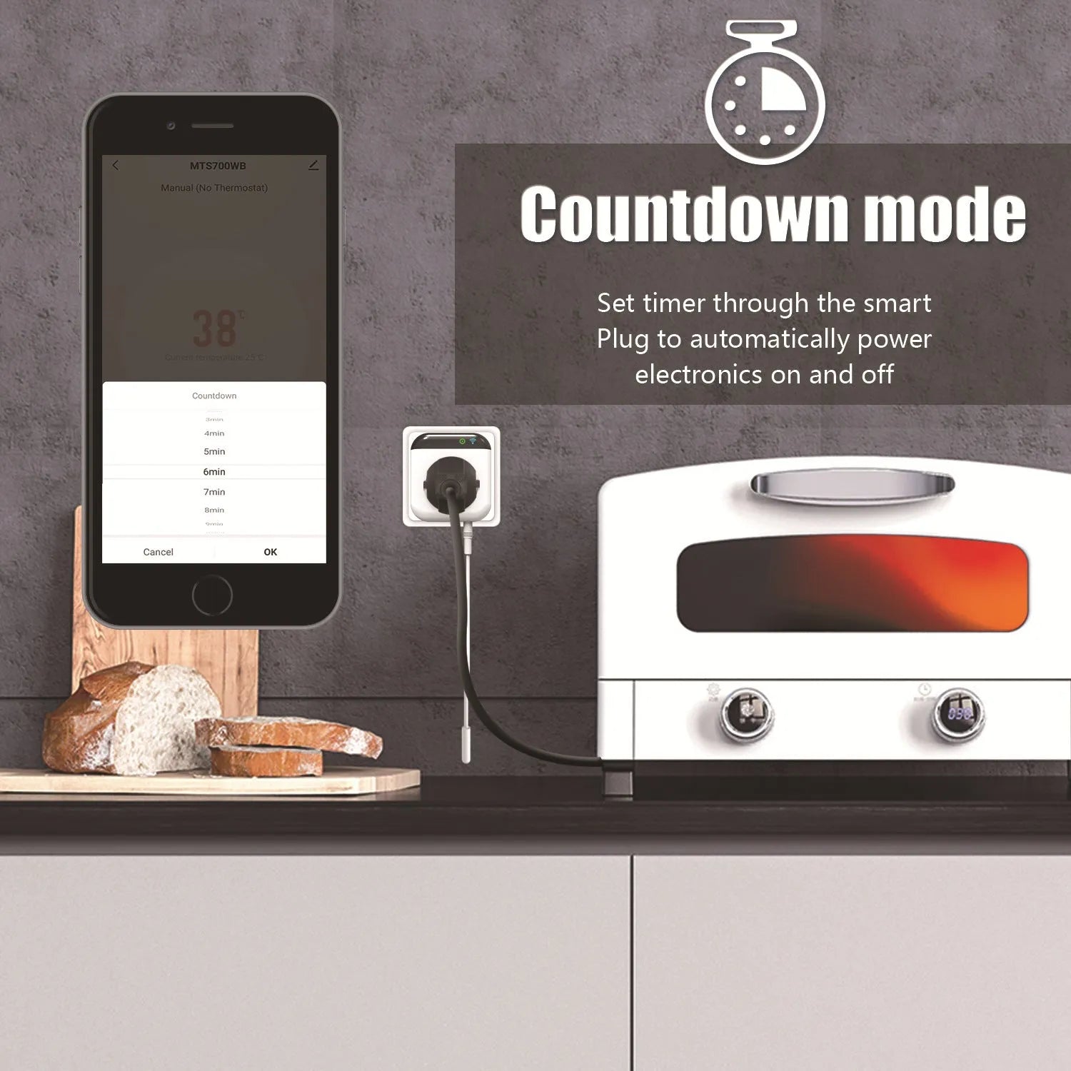 White Tuya WiFi smart socket with temperature sensor probe and US 3-hole plug design