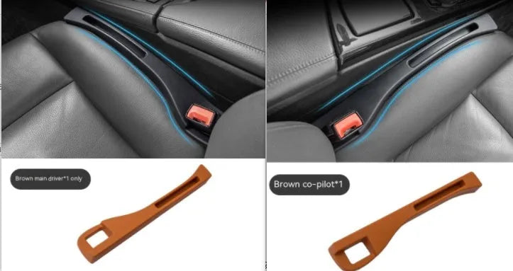 Black car gap storage box with handle placed between vehicle front seats