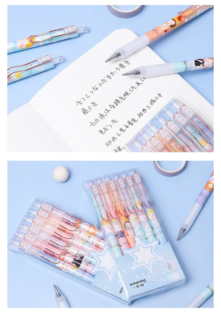 Set of six press gel pens with 0.5mm tips featuring cartoon constellation designs in two style options.