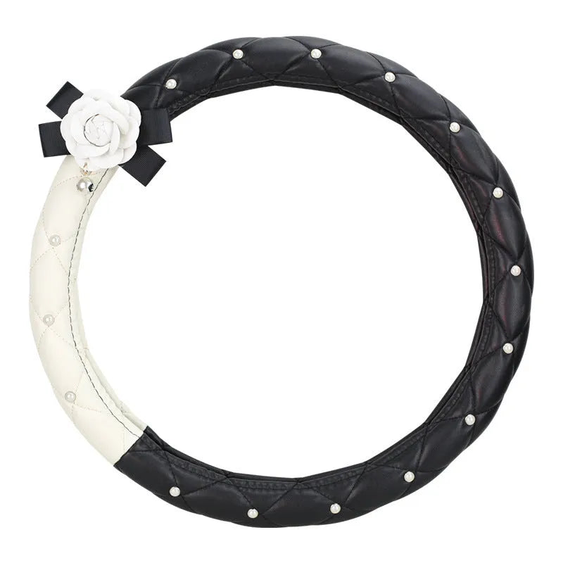 Car universal camellia steering wheel cover in PU leather, 38cm diameter, white flower colour option with cartoon pattern