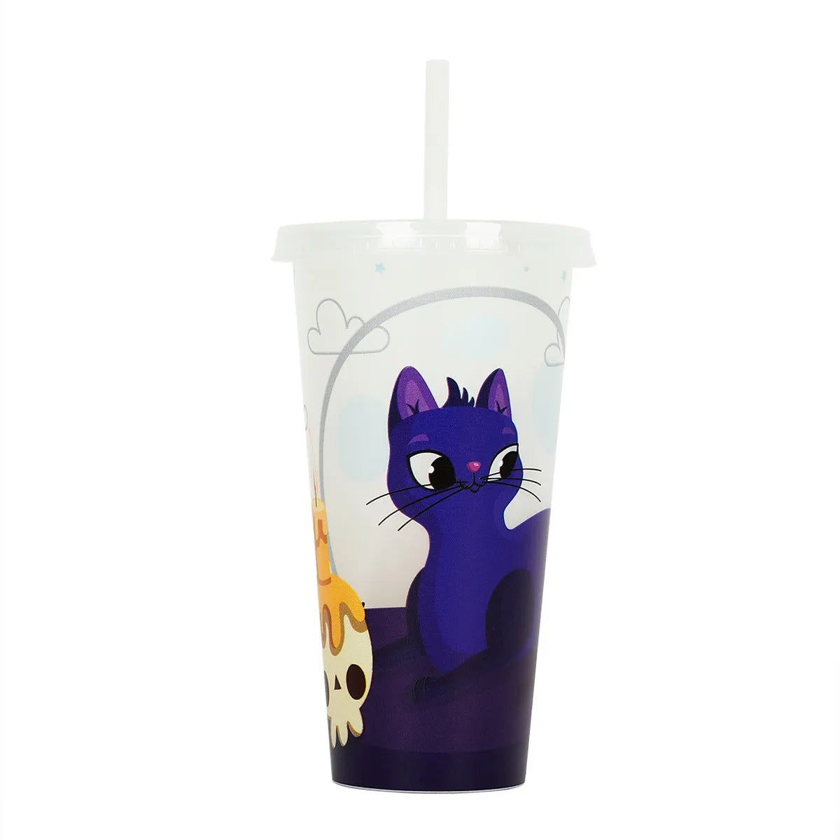 A tall, cylindrical Halloween-themed luminous plastic sippy cup with a straw, showing colour options.