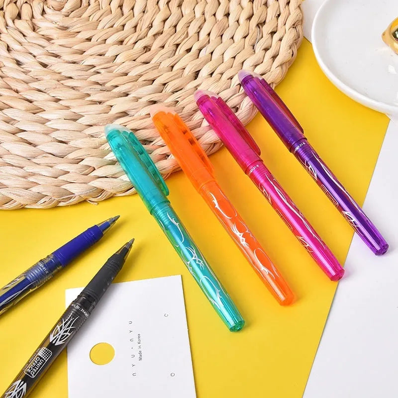 Heat-erasable gel pen set with multiple colours showing plastic bodies and stainless steel nibs