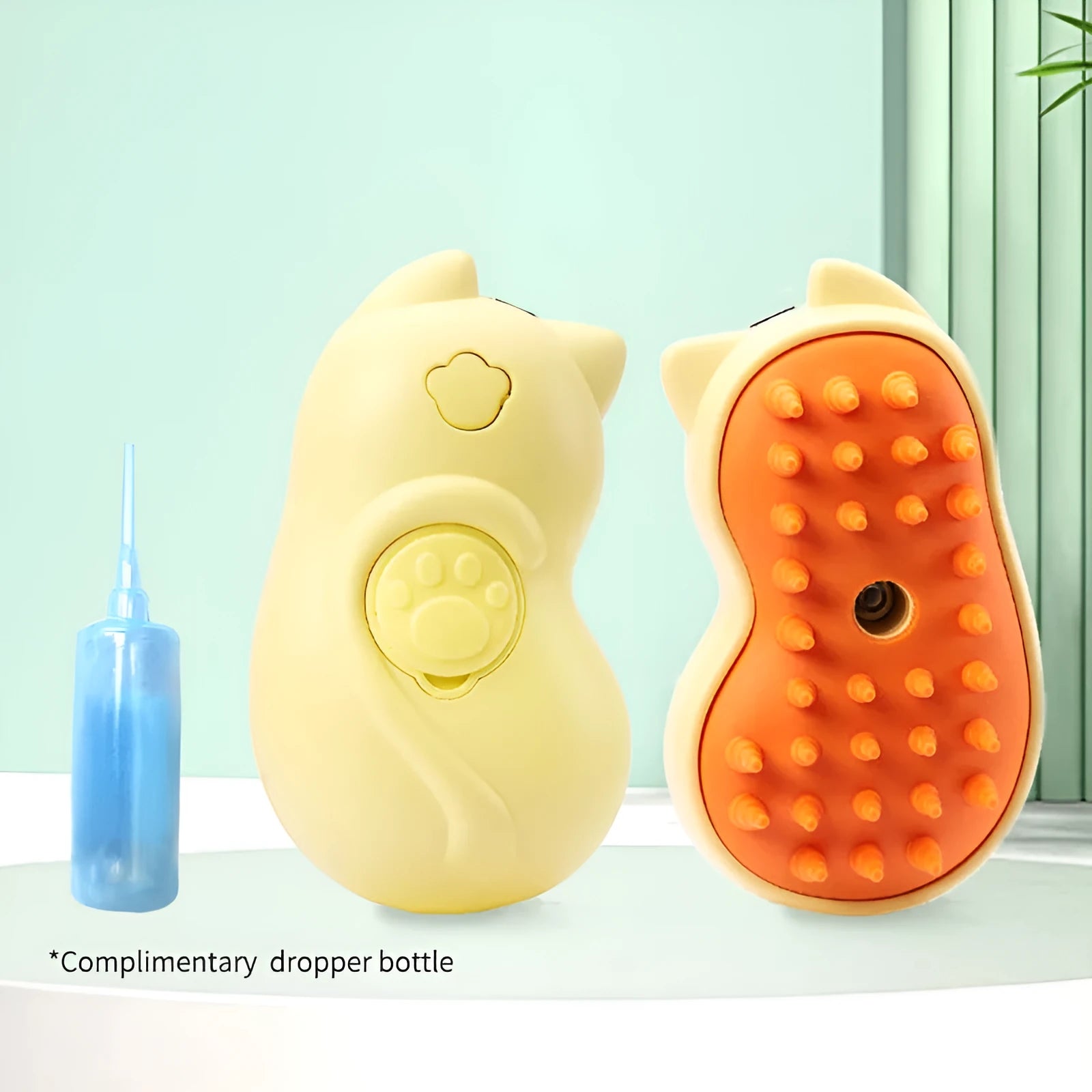Yellow electric one-click disposable spray pet grooming brush for cats and dogs on white background
