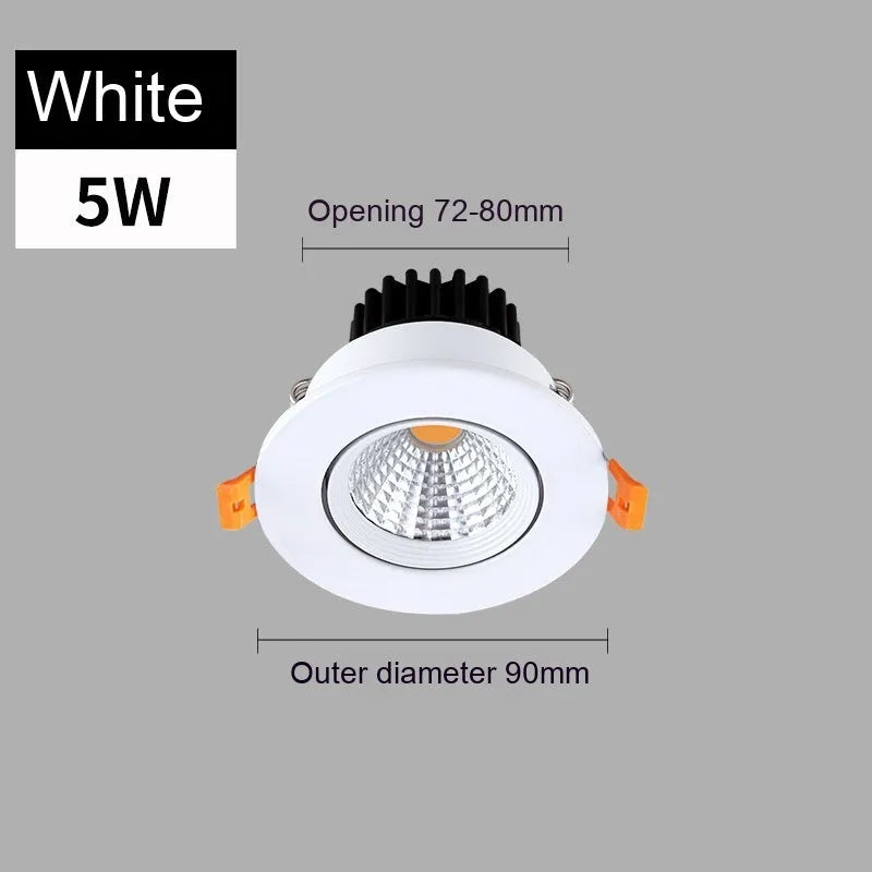 White aluminium embedded LED ceiling spotlight with anti-glare design showing three colour temperature options