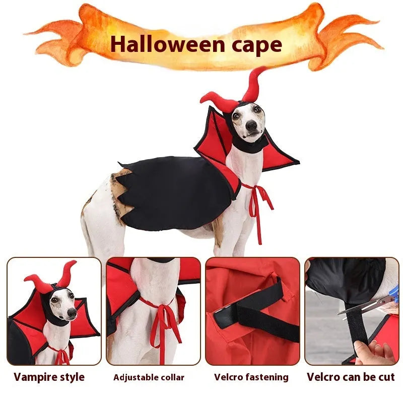 Black polyester vampire cloak and hat Halloween costume for a pet dog or cat.