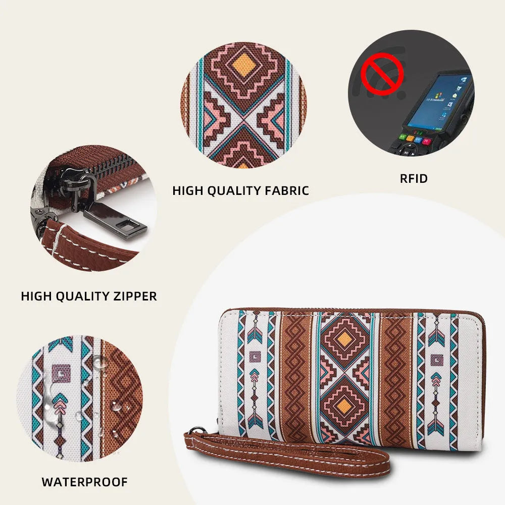 Bohemian stripe pattern RFID wallet in multiple colours showing 20x10x2cm dimensions