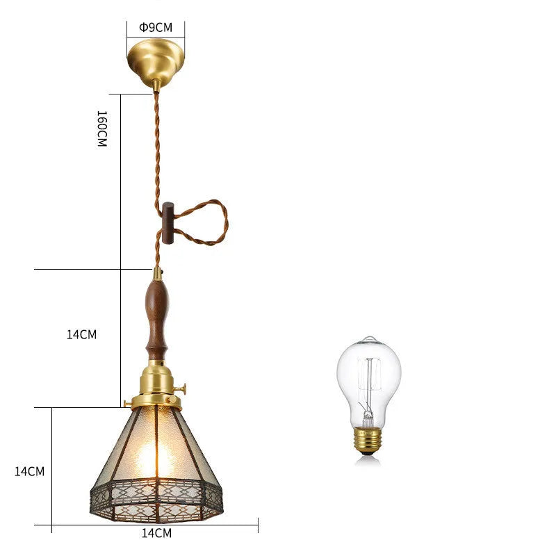 Japanese retro brass and glass chandelier with hand-blown shades and walnut ceiling plate