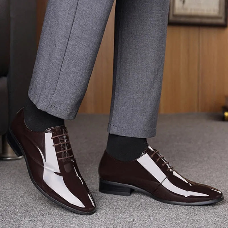 Men's black and brown business formal shoes with pointed toe, artificial PU upper