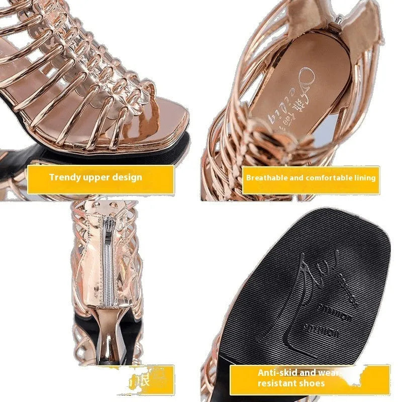 Horseshoe heel Roman sandals with peep toe, fish mouth bracket and rubber sole in black, golden or silver