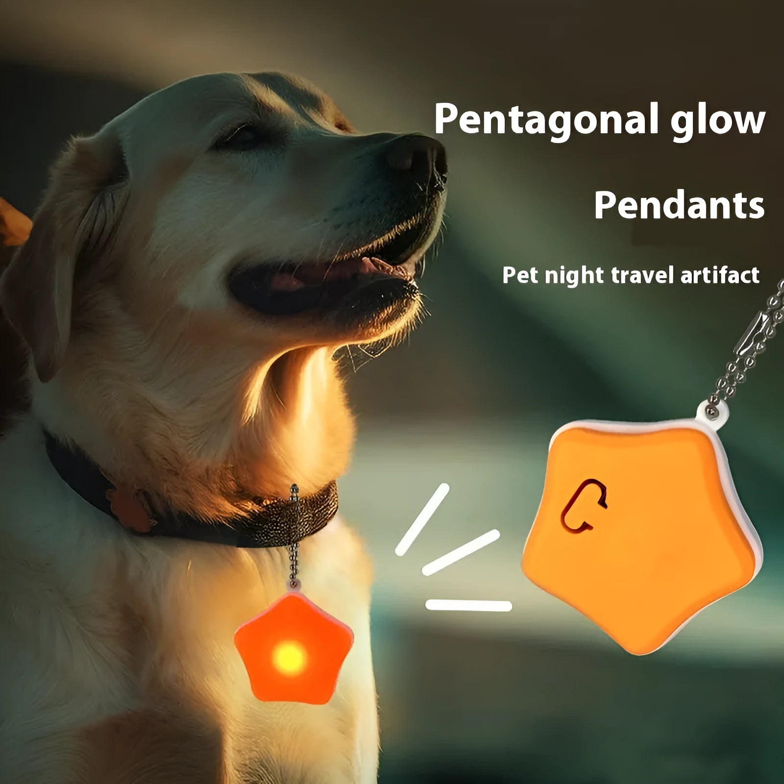 Blue rechargeable silicone pendant dog walking light attached to dog collar showing three lighting modes