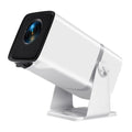 Black portable Full HD projector with Android 13, 11000 lumens, remote control, and power cable on table