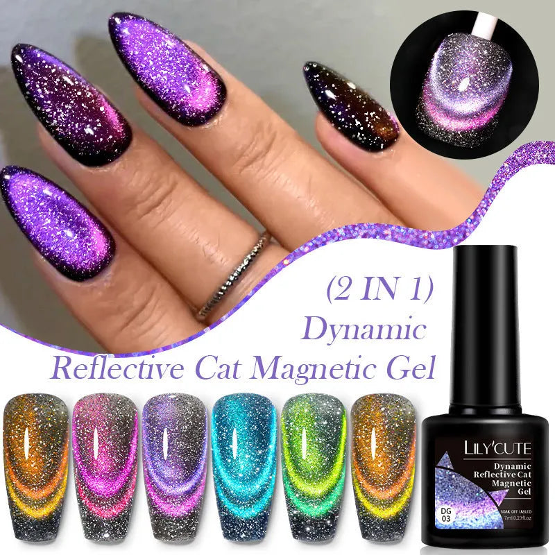 Cat eye effect nail polish gel with glitter and diamond fragments in six colour options