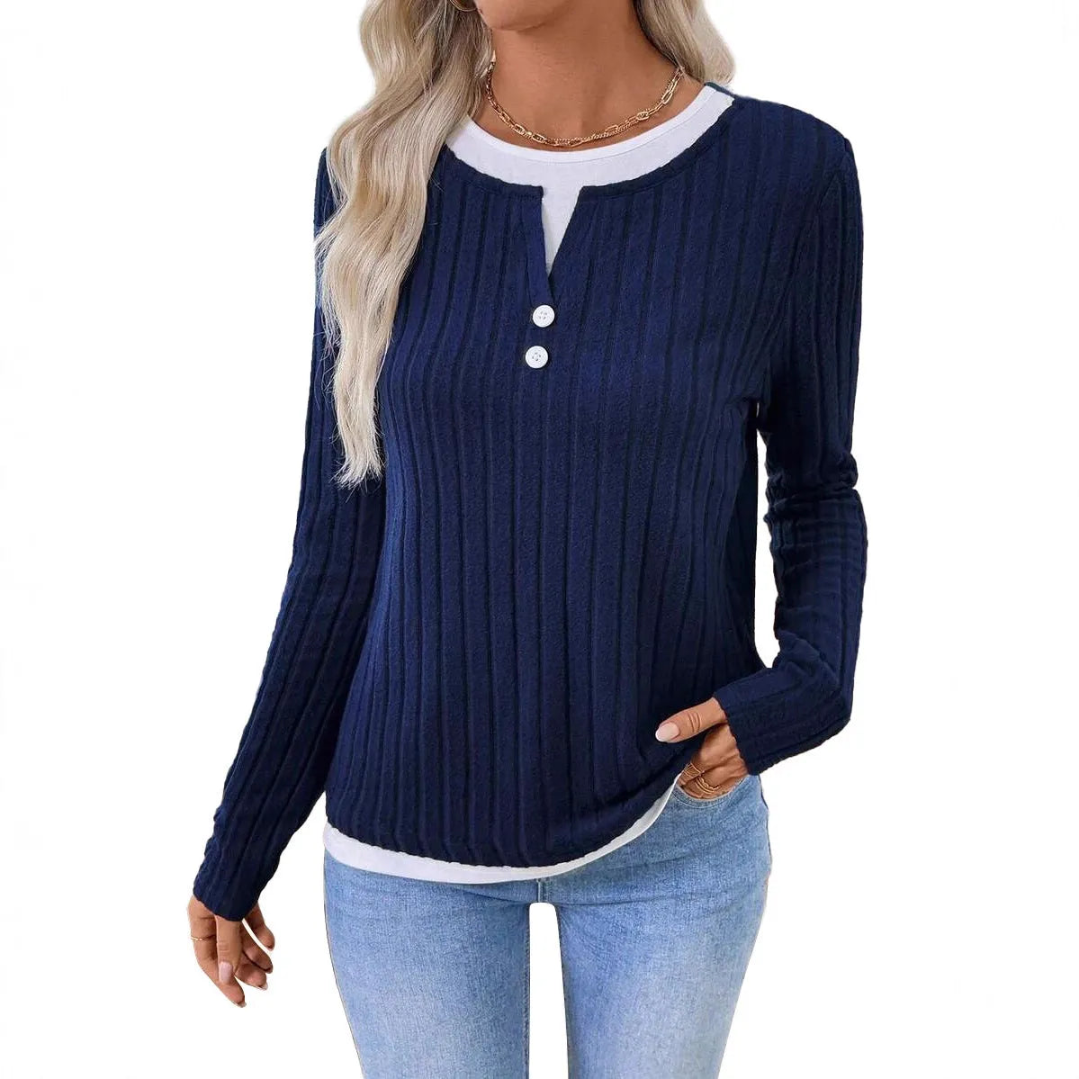 Women's black fake two-piece round neck pullover sweater with concave stripe texture and button details.