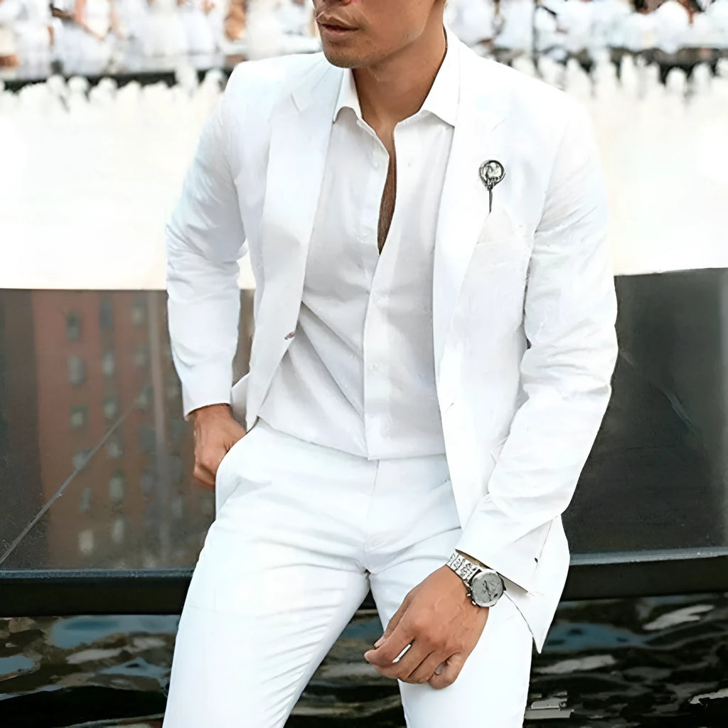 White men's slim fit two-piece wedding suit with acetate cotton blend fabric