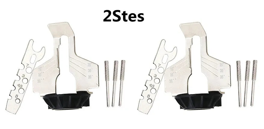Electric grinding chain sharpening accessory set with high speed steel attachment, polishing tools, and ruler
