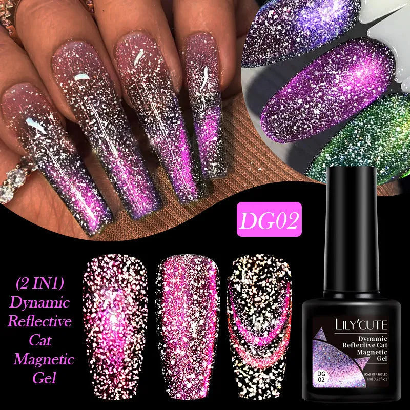 Cat eye effect nail polish gel with glitter and diamond fragments in six colour options