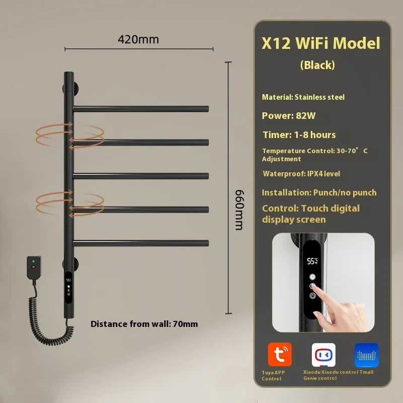 5-layer stainless steel electric towel rack in black with punch-free mounting and WiFi control