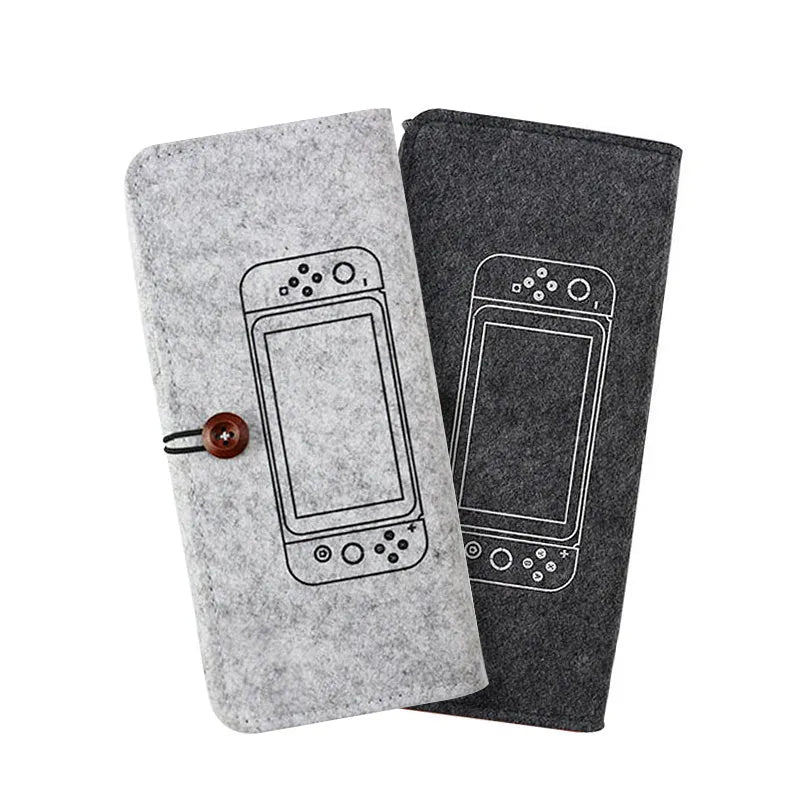Black felt pouch for Nintendo Switch console with game card slots and accessory compartments