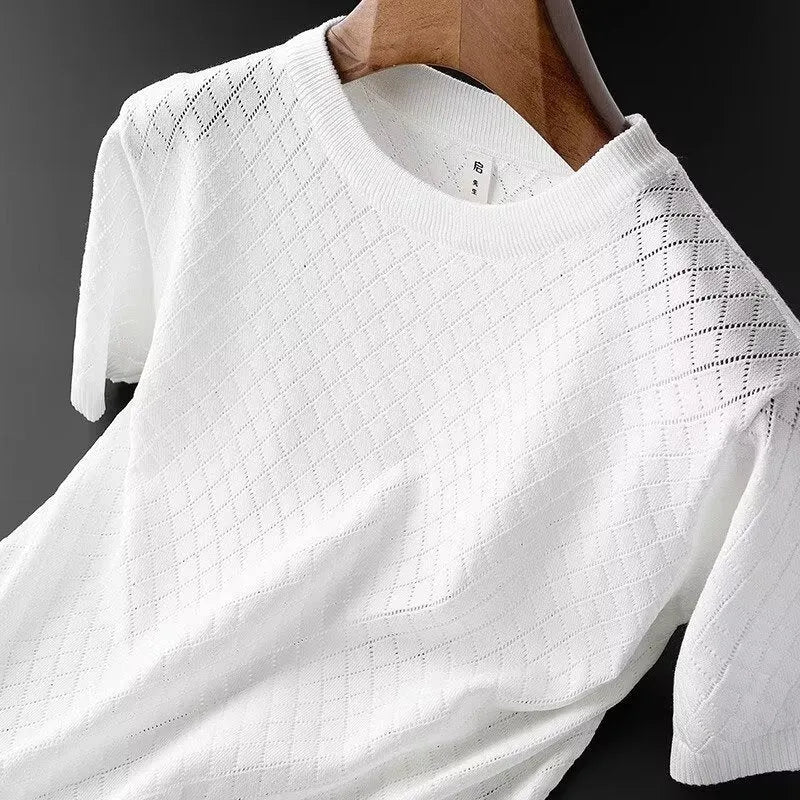 Man wearing a black V-neck ice silk summer T-shirt, Korean style casual wear