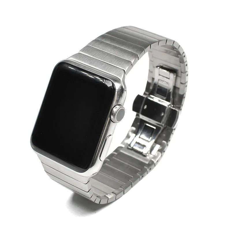Stainless steel Apple Watch metal band with butterfly buckle clasp in silver, black, blue, gold, and rose gold colours