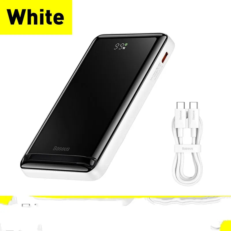 Slim blue 3-in-1 magnetic power bank and wireless charger for mobile phones.
