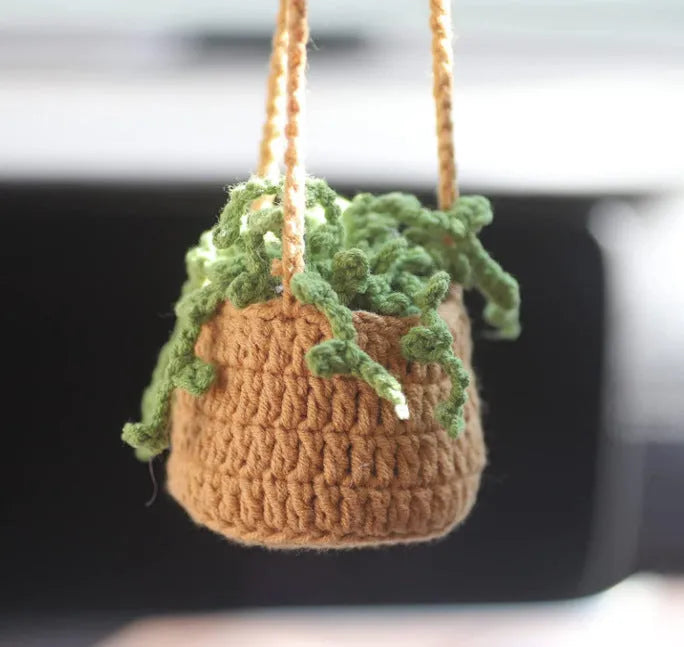 Green and white knitted car plant ornament with hanging rope for dashboard or mirror decoration